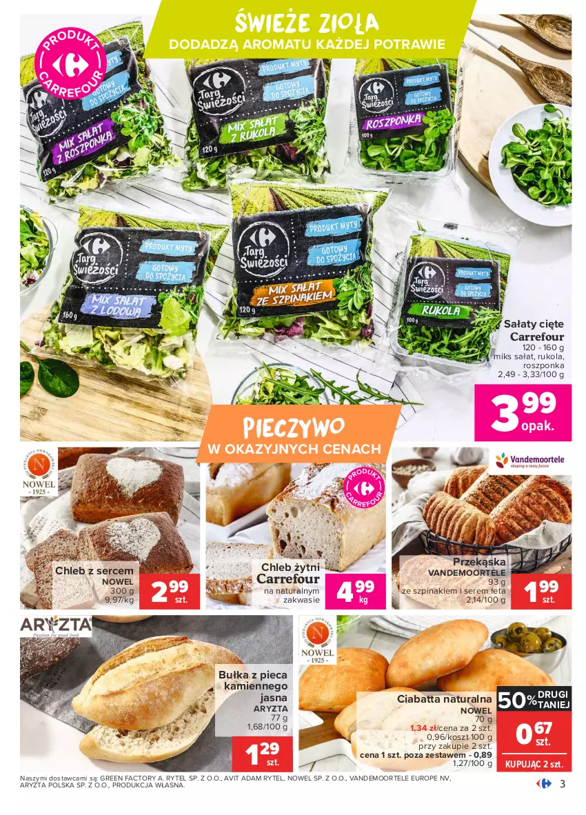 Gazetka promocyjna Carrefour - Gazetka Carrefour - ważna 05.04 do 12.04.2021 - strona 3 - produkty: Bułka, Chleb, Ciabatta, Fa, Feta, Kosz, Piec, Pieczywo, Roszponka, Rukola, Sałat, Ser, Szpinak