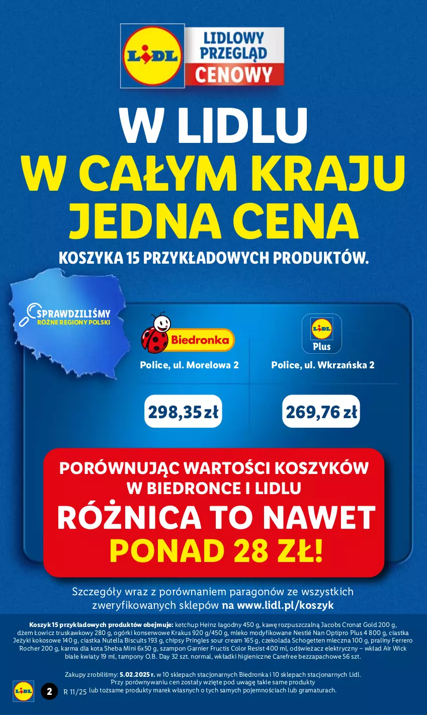 Gazetka promocyjna Lidl - GAZETKA - ważna 13.03 do 15.03.2025 - strona 2 - produkty: Air Wick, Carefree, Chipsy, Ciastka, Czekolada, Dżem, Ferrero, Ferrero Rocher, Fructis, Garnier, Gra, Heinz, Jacobs, Jeżyki, Ketchup, Kokos, Kosz, Krakus, Mleko, Mleko modyfikowane, NAN Optipro, Nestlé, Nutella, O.B., Ogórki konserwowe, Por, Praliny, Pringles, Rama, Schogetten, Ser, Sheba, Szampon, Tampony, Wkładki