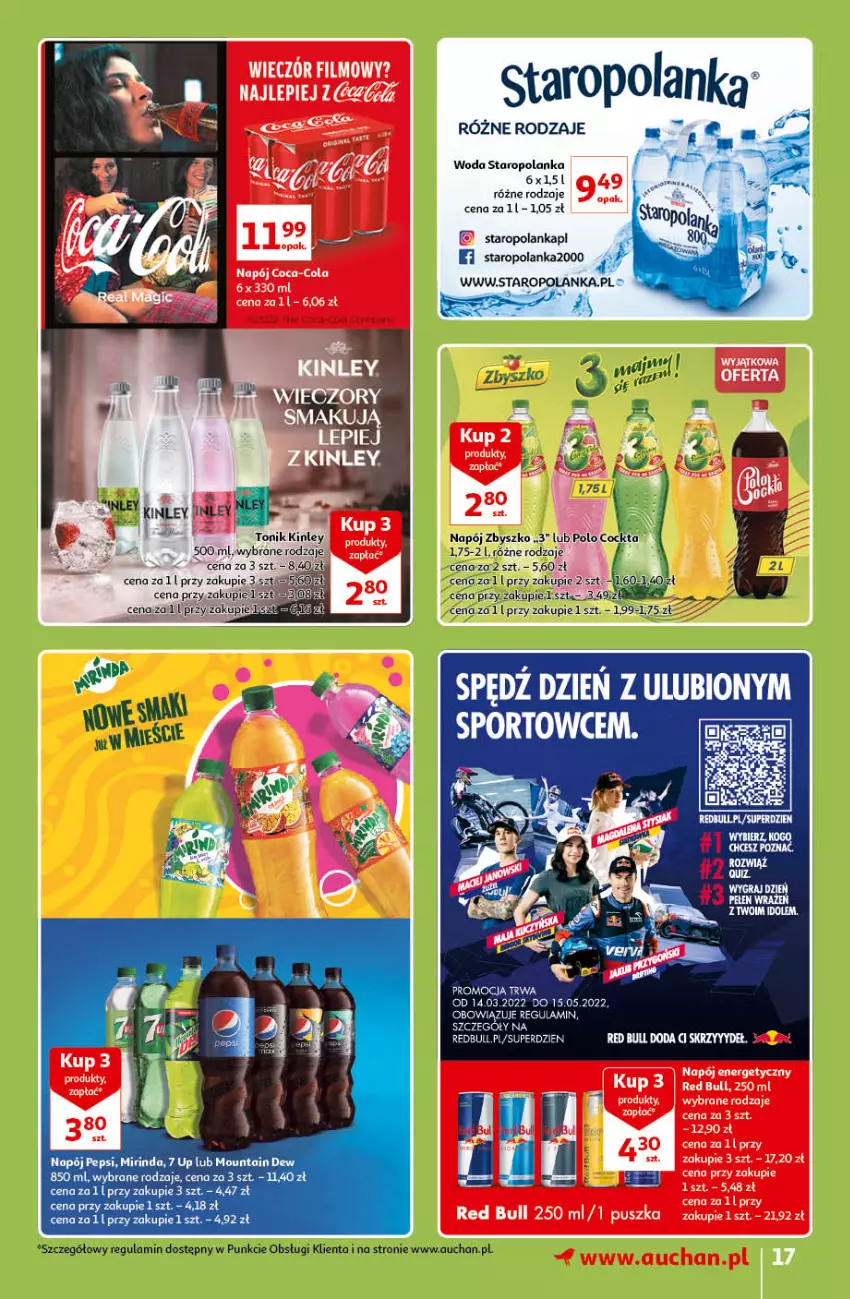 Gazetka promocyjna Auchan - Znane lubiane Marki Hipermarkety - ważna 31.03 do 06.04.2022 - strona 17 - produkty: Mirinda, Napój, Pepsi, Por, Red Bull, Sport, Staropolanka, Tonik, Woda