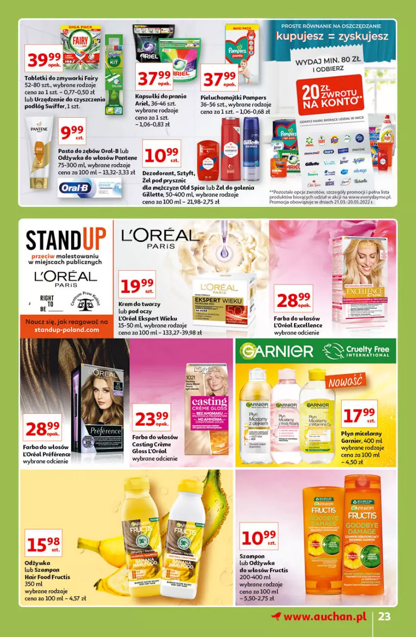 Gazetka promocyjna Auchan - Znane lubiane Marki Hipermarkety - ważna 31.03 do 06.04.2022 - strona 23 - produkty: Ariel, Fa, Fairy, Farba do włosów, Fructis, Garnier, Gillette, Krem do twarzy, Odżywka, Old Spice, Pantene, Pasta do zębów, Płyn micelarny, Szampon, Tablet, Tabletki do zmywarki, Zmywarki