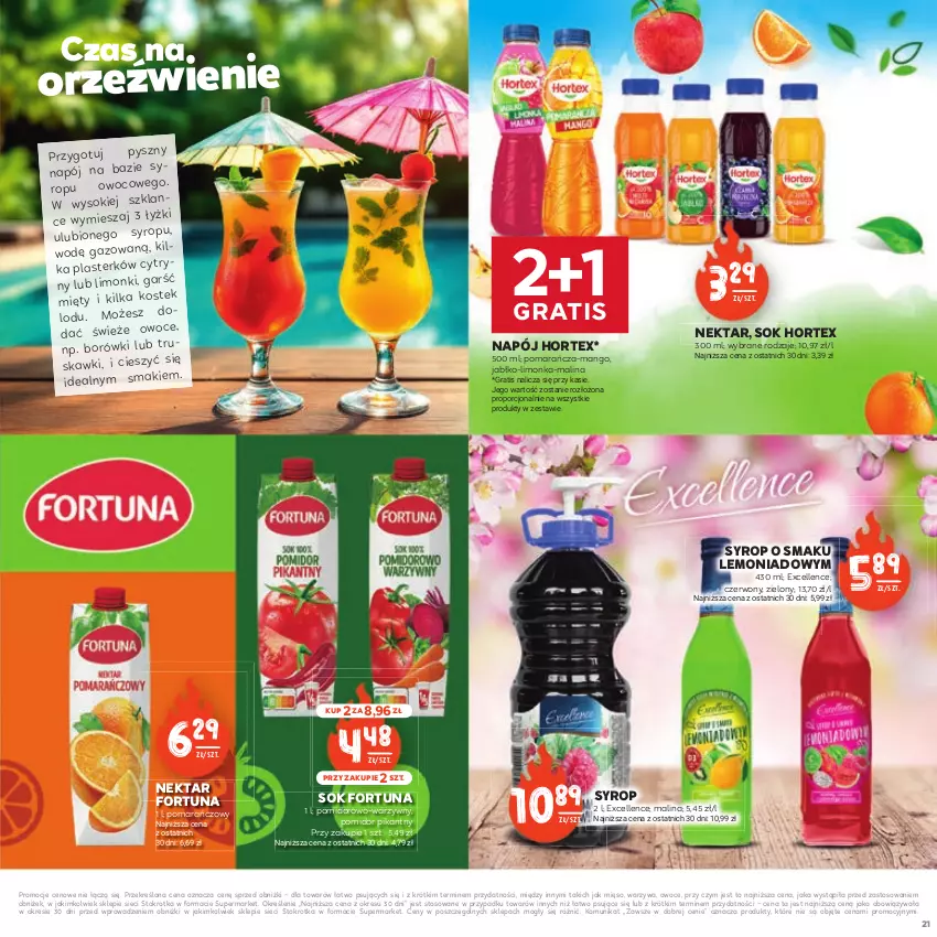 Gazetka promocyjna Stokrotka - Czas na Grill - ważna 29.04 do 14.05.2025 - strona 21 - produkty: Fortuna, Gra, Hortex, Limonka, Mango, Mięso, Napój, Nektar, Owoce, Por, Sok, Syrop, Warzywa
