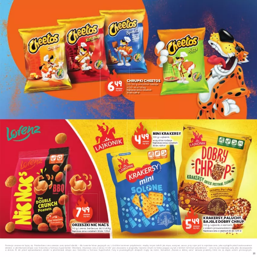 Gazetka promocyjna Stokrotka - Czas na Grill - ważna 29.04 do 14.05.2025 - strona 23 - produkty: Bajgle, Cheetos, Chrupki, Krakersy, Lajkonik, Lorenz, Mięso, Orzeszki, Owoce, Warzywa