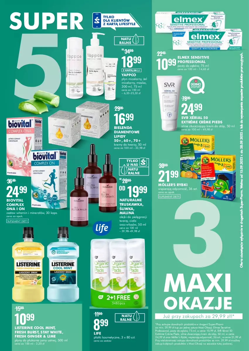 Gazetka promocyjna Super Pharm - Gazetka - ważna 15.09 do 22.09.2022 - strona 2 - produkty: Bielenda, Biovital, Elmex, Gin, Krem do stóp, Listerine, Maska, Olej, Płatki kosmetyczne, Płyn micelarny, Por, SVR