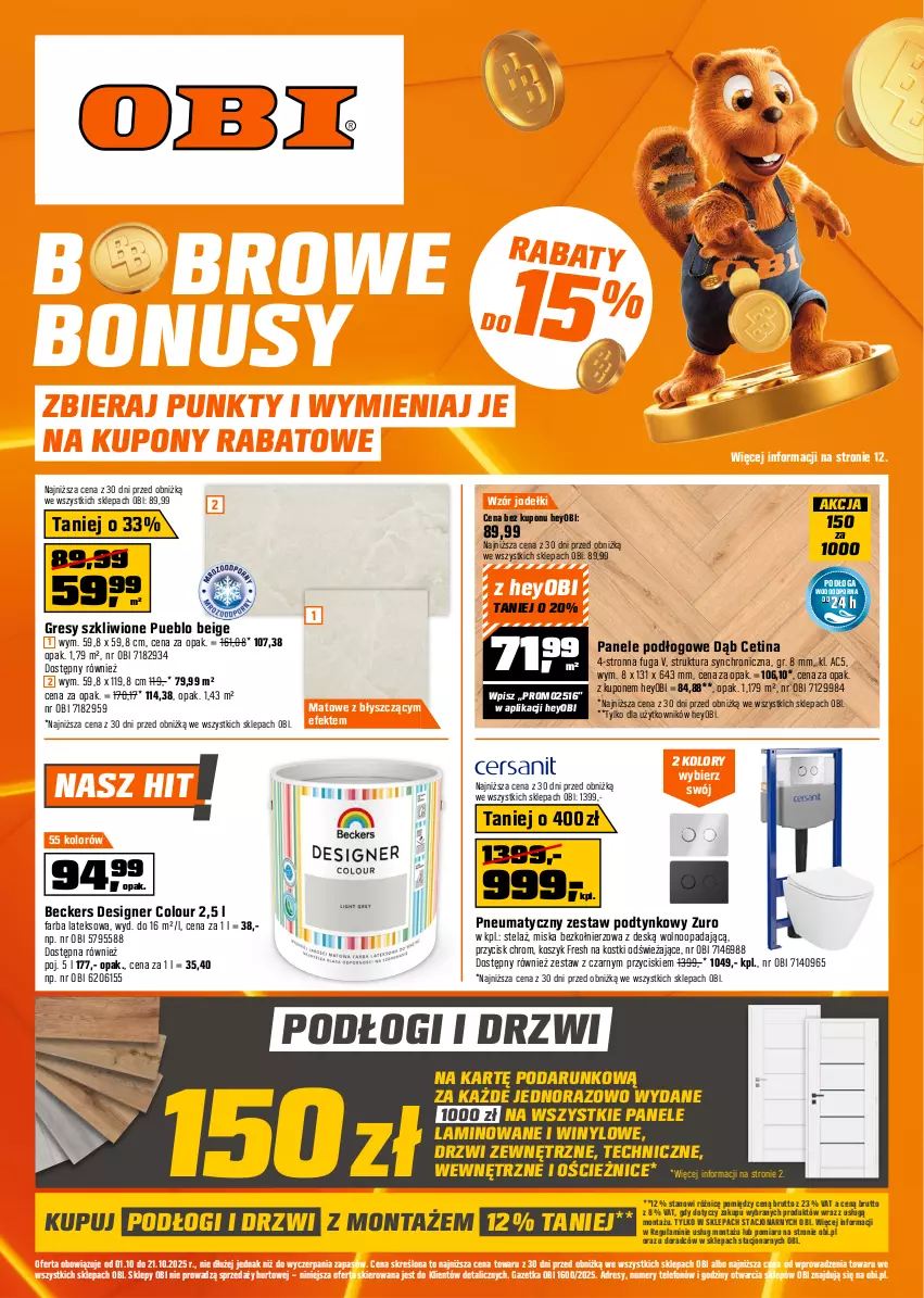 Gazetka promocyjna Obi - Gazetka OBI - ważna 01.10 do 21.10.2025 - strona 1 - produkty: Beckers, Designer Colour, Dres, Drzwi, Drzwi zewnętrzne, Fa, Farba lateksowa, Gres, Kosz, Miska, Por, Telefon
