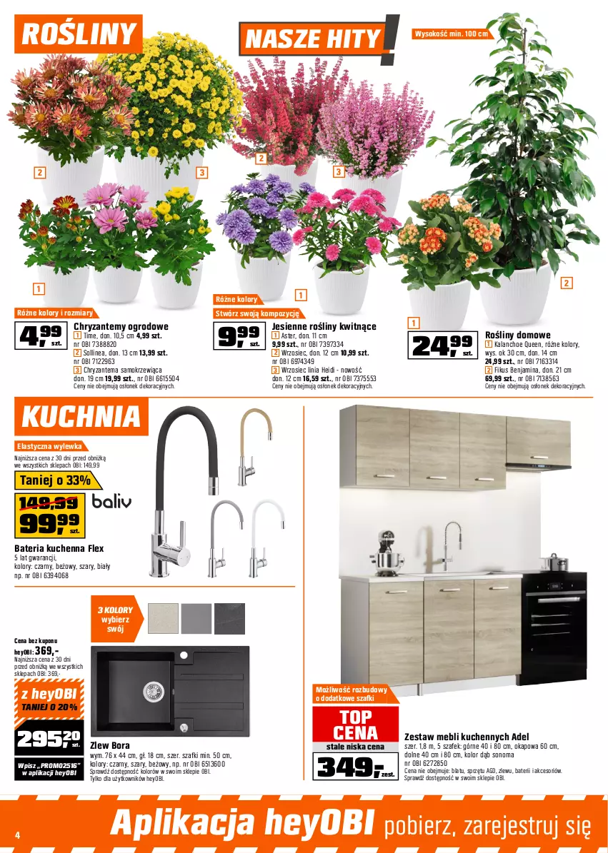 Gazetka promocyjna Obi - Gazetka OBI - ważna 01.10 do 21.10.2025 - strona 4 - produkty: Bateria, Bateria kuchenna, Chryzantema, Kalanchoe, Kuchnia, Okap, Sok, Top, Zestaw mebli kuchennych, Zlew
