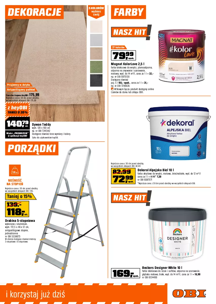Gazetka promocyjna Obi - Gazetka OBI - ważna 01.10 do 21.10.2025 - strona 5 - produkty: Beckers, Dekoral, Drabina, Dywan, Fa, Farba akrylowa, Farba lateksowa, Podkład, Por, Top
