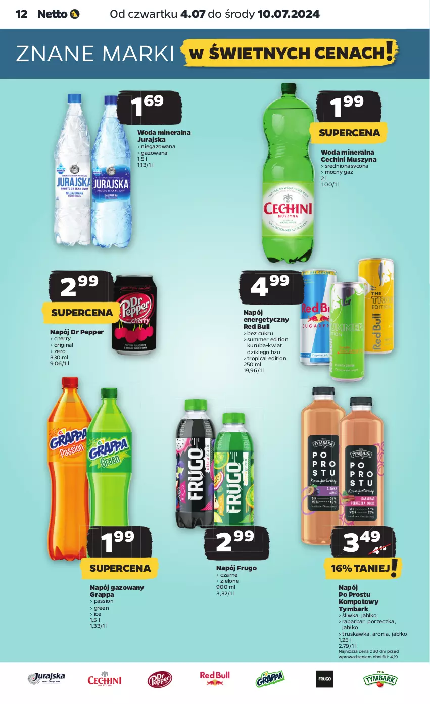 Gazetka promocyjna Netto - Od Czwartku - ważna 04.07 do 10.07.2024 - strona 12 - produkty: Aronia, Gin, Gra, Grappa, Mus, Napój, Napój energetyczny, Napój gazowany, Por, Red Bull, Szyna, Tropical, Tymbark, Woda, Woda mineralna