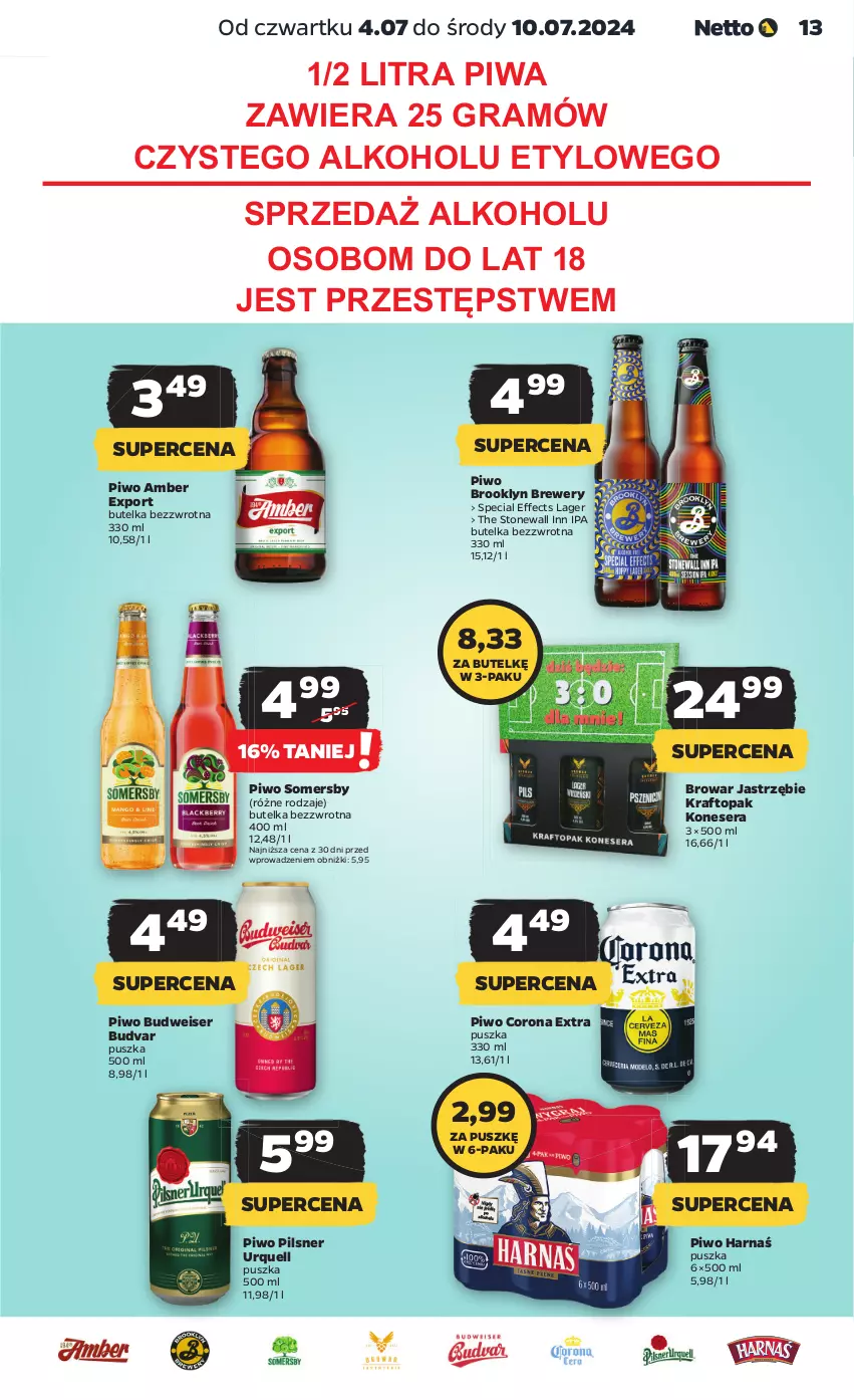 Gazetka promocyjna Netto - Od Czwartku - ważna 04.07 do 10.07.2024 - strona 13 - produkty: Corona Extra, Gra, Harnaś, Pilsner Urquell, Piwa, Piwo, Por, Ser, Somersby, Top