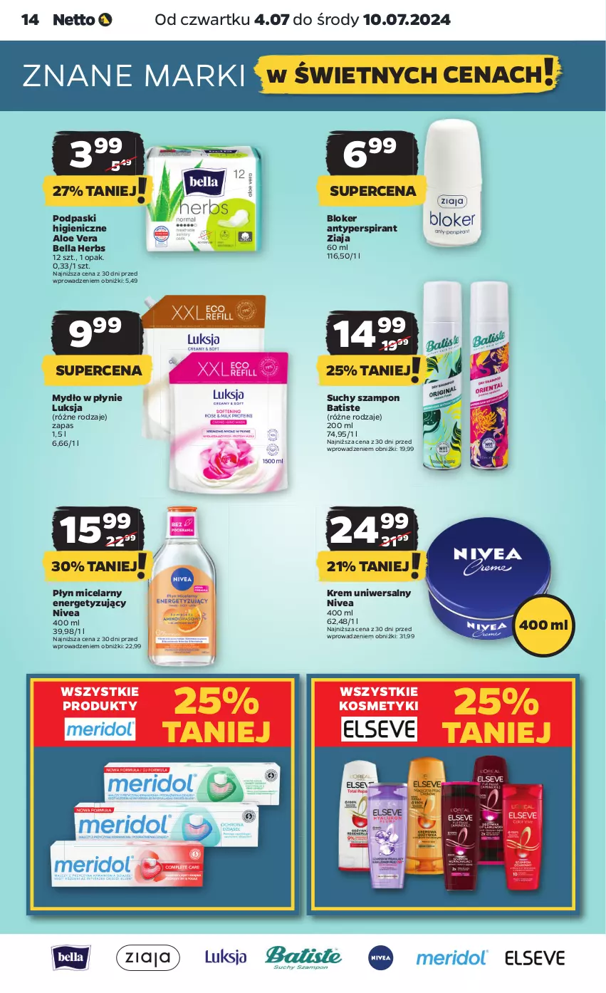 Gazetka promocyjna Netto - Od Czwartku - ważna 04.07 do 10.07.2024 - strona 14 - produkty: Aloe vera, Antyperspirant, Batiste, Bell, Bella, Krem uniwersalny, Luksja, Mydło, Mydło w płynie, Nivea, Płyn micelarny, Podpaski, Suchy szampon, Szampon, Ziaja