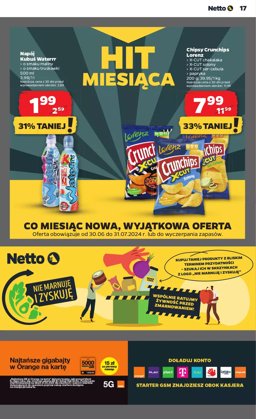 Gazetka promocyjna Netto - Od Czwartku - ważna 04.07 do 10.07.2024 - strona 17 - produkty: Cebula, Chipsy, Crunchips, Kubuś, Kubuś Waterrr, Lorenz, Maliny, Napój, Papryka, Ser, Truskawki