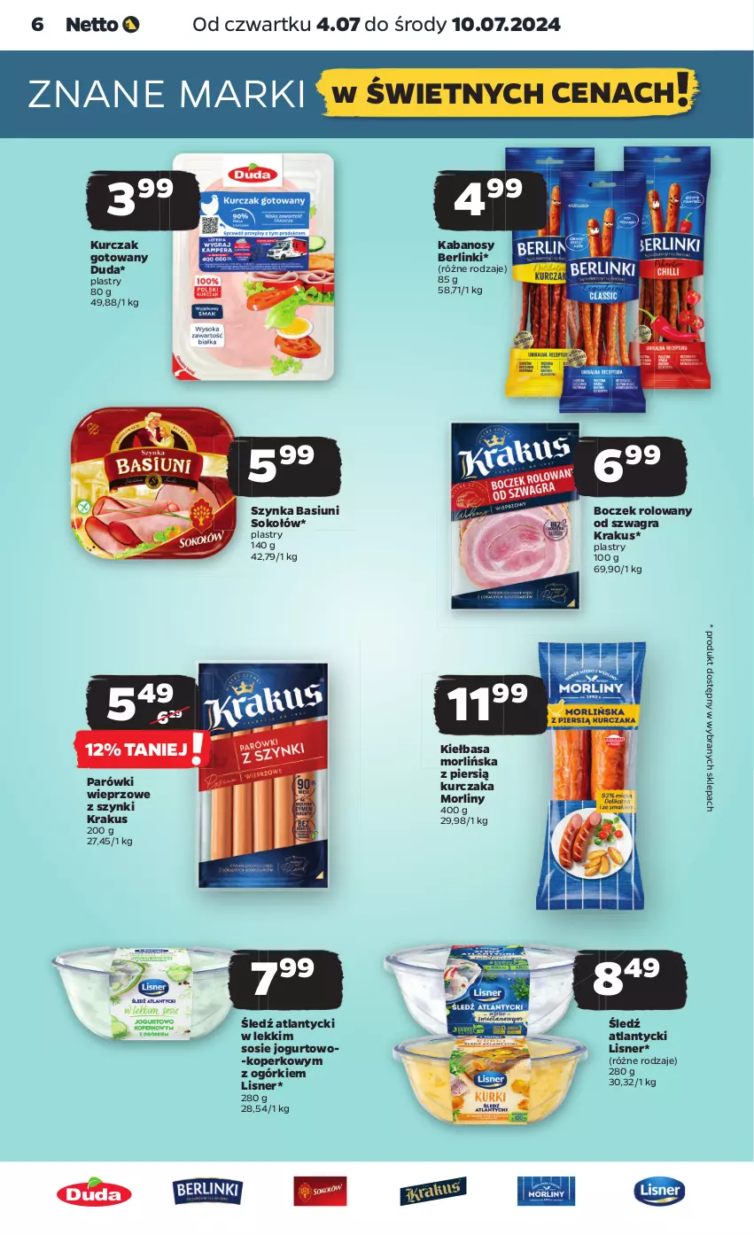 Gazetka promocyjna Netto - Od Czwartku - ważna 04.07 do 10.07.2024 - strona 6 - produkty: Berlinki, Boczek, Duda, Gra, Jogurt, Kabanos, Kiełbasa, Krakus, Kurczak, Kurczak gotowany, Lisner, Morliny, Parówki, Sok, Sokołów, Sos, Szynka