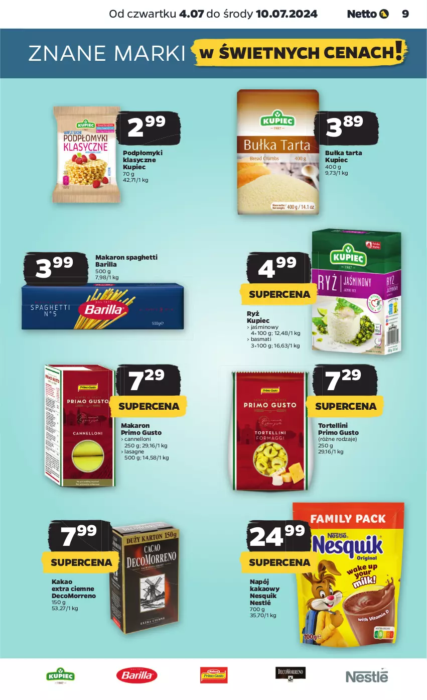 Gazetka promocyjna Netto - Od Czwartku - ważna 04.07 do 10.07.2024 - strona 9 - produkty: Barilla, Bułka, Bułka tarta, Kakao, Kupiec, Lasagne, Makaron, Napój, Nesquik, Nestlé, Piec, Ryż, Spaghetti, Tarta