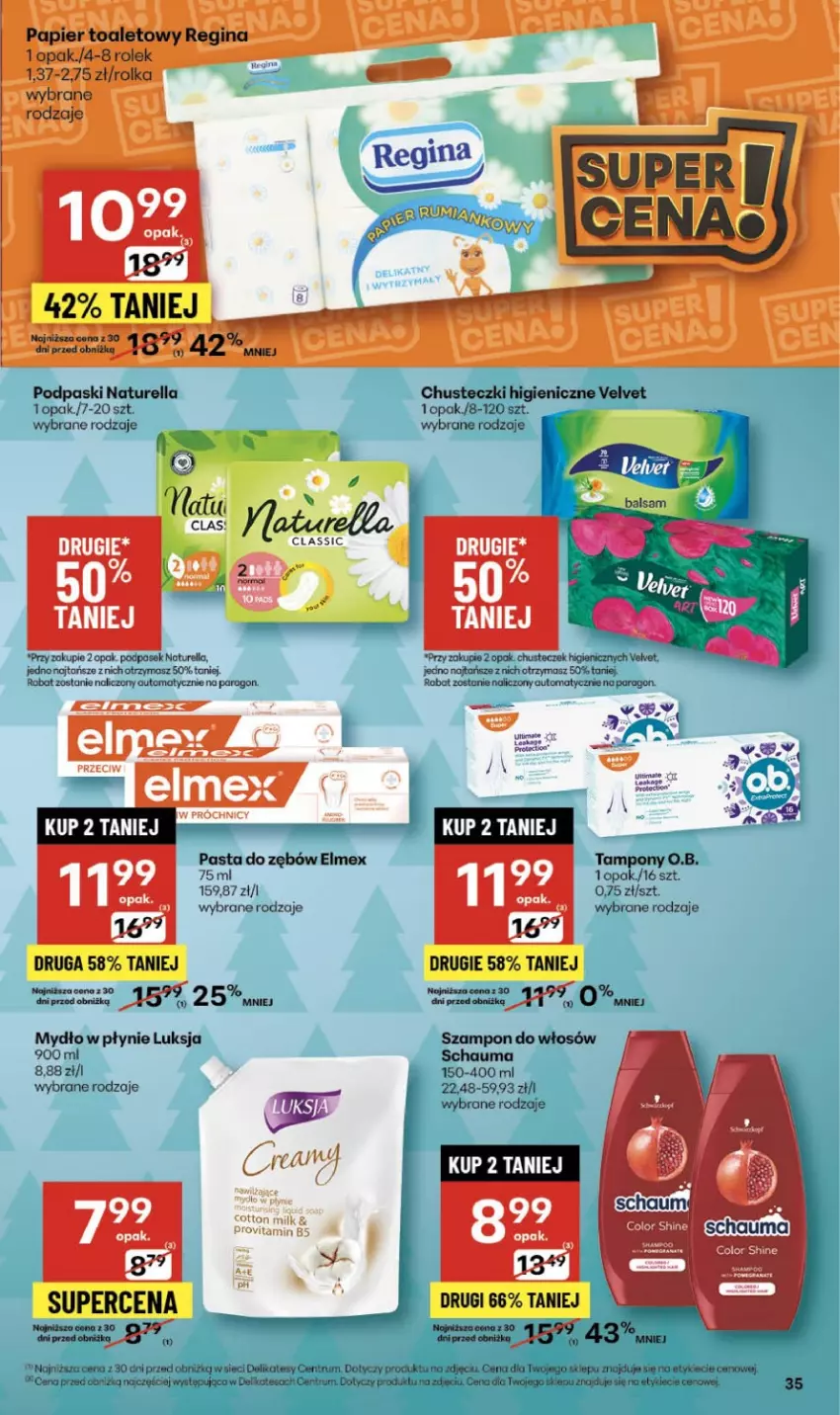 Gazetka promocyjna Delikatesy Centrum - Franczyza DC49 Czwartek - ważna 04.12 do 10.12.2025 - strona 35 - produkty: Chusteczki, Elmex, Luksja, Mydło, Mydło w płynie, Naturell, Naturella, O.B., Pasek, Pasta do zębów, Rum, Schauma, Ser, Szampon, Tampony, Velvet