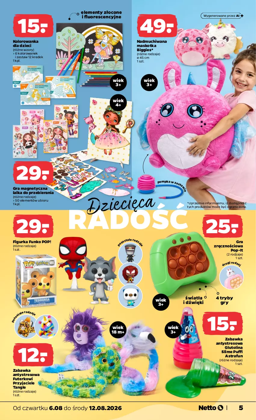 Gazetka promocyjna Netto - Od Czwartku - ważna 06.08 do 12.08.2026 - strona 5 - produkty: Dzieci, Gra, Gry, Kolorowanka, Lalka, Pompka, Puf, Zabawka