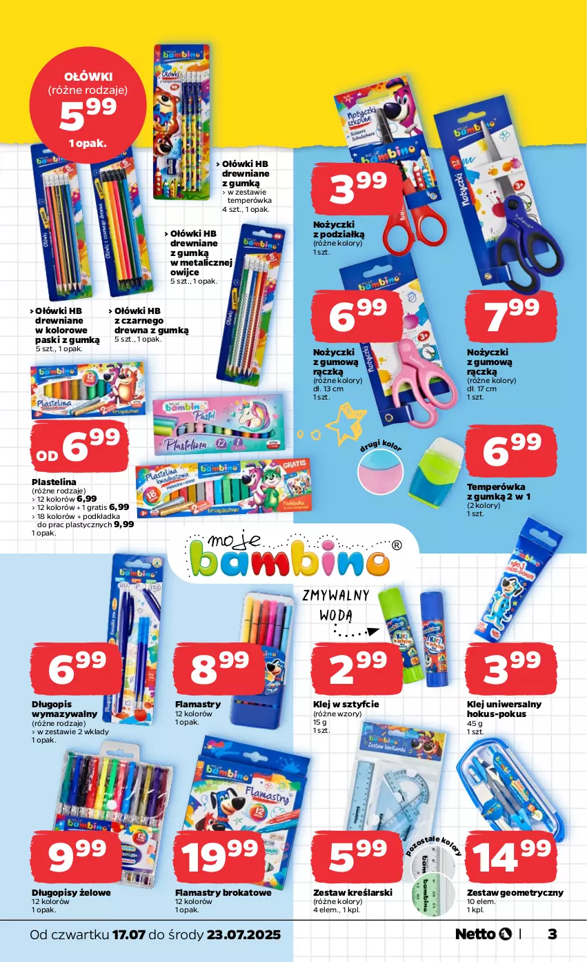 Gazetka promocyjna Netto - Od Czwartku Przemysłowa - ważna 17.07 do 23.07.2025 - strona 3 - produkty: Długopis, Flamastry, Gra, Klej, Noż, Nożyczki, Plastelina, Podkład, Podkładka