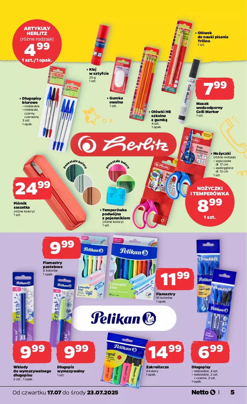 Gazetka promocyjna Netto - Od Czwartku Przemysłowa - ważna 17.07 do 23.07.2025 - strona 5 - produkty: Biuro, Długopis, Flamastry, Klej, Marker, Noż, Nożyczki, Piórnik, Pojemnik, Por, Szpic