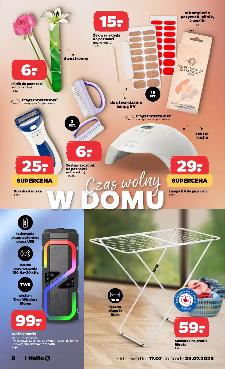 Gazetka promocyjna Netto - Od Czwartku Przemysłowa - ważna 17.07 do 23.07.2025 - strona 8 - produkty: Akumulator, Głośnik, Golarka, Klej, Lampa, Pasek, Pilnik, Pilnik do paznokci, Por, Rörets, Sport, Suszarka, Suszarka na pranie, Tran, Waciki