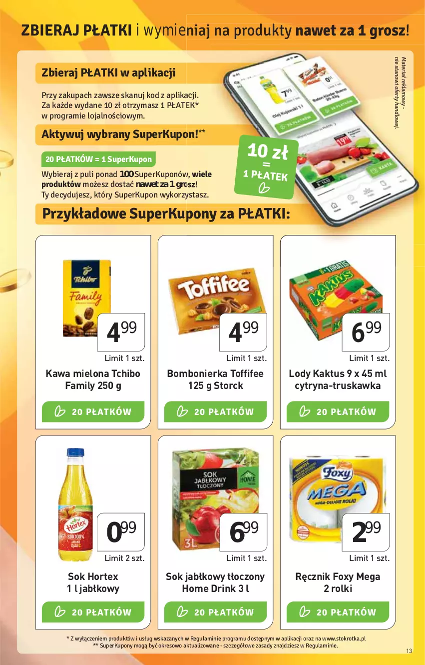 Gazetka promocyjna Stokrotka - Supermarket - ważna 25.08 do 31.08.2022 - strona 13 - produkty: Fa, Foxy, Hortex, HP, Kaktus, Kawa, Kawa mielona, Lody, Ręcznik, Rolki, Sok, Sok jabłkowy, Tchibo, Tchibo Family, Toffifee