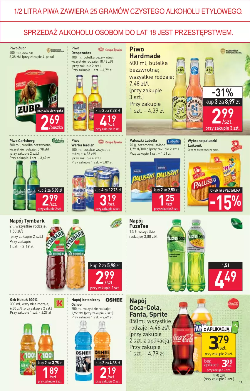 Gazetka promocyjna Stokrotka - Supermarket - ważna 25.08 do 31.08.2022 - strona 15 - produkty: Bell, Bella, Carlsberg, Coca-Cola, Desperados, Fa, Fanta, Gra, Kubuś, Lajkonik, Lubella, Napój, Napój izotoniczny, Oshee, Piwa, Piwo, Radler, Sezam, Sok, Sprite, Tymbark, Warka