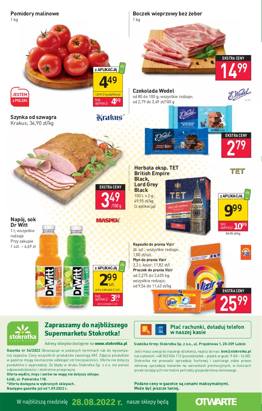 Gazetka promocyjna Stokrotka - Supermarket - ważna 25.08 do 31.08.2022 - strona 20 - produkty: Boczek, Boczek wieprzowy, Brit, Czekolada, Gra, Herbata, Kapsułki do prania, Krakus, Lack, Napój, O nas, Płyn do prania, Pomidory, Proszek do prania, Ser, Sok, Szynka, Telefon, Vizir, Wagi