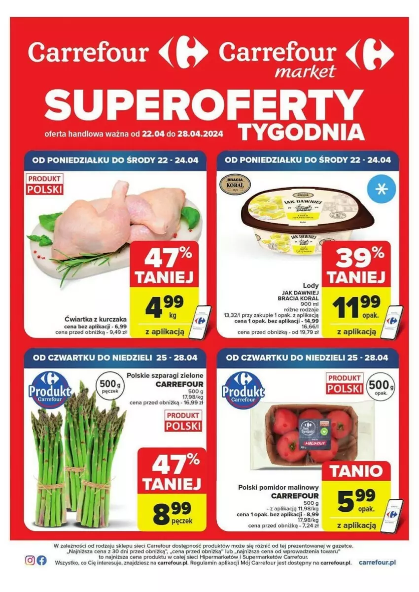 Gazetka promocyjna Carrefour - ważna 22.04 do 28.04.2024 - strona 1 - produkty: Fa, Kurczak, Lody, Pomidor malinowy