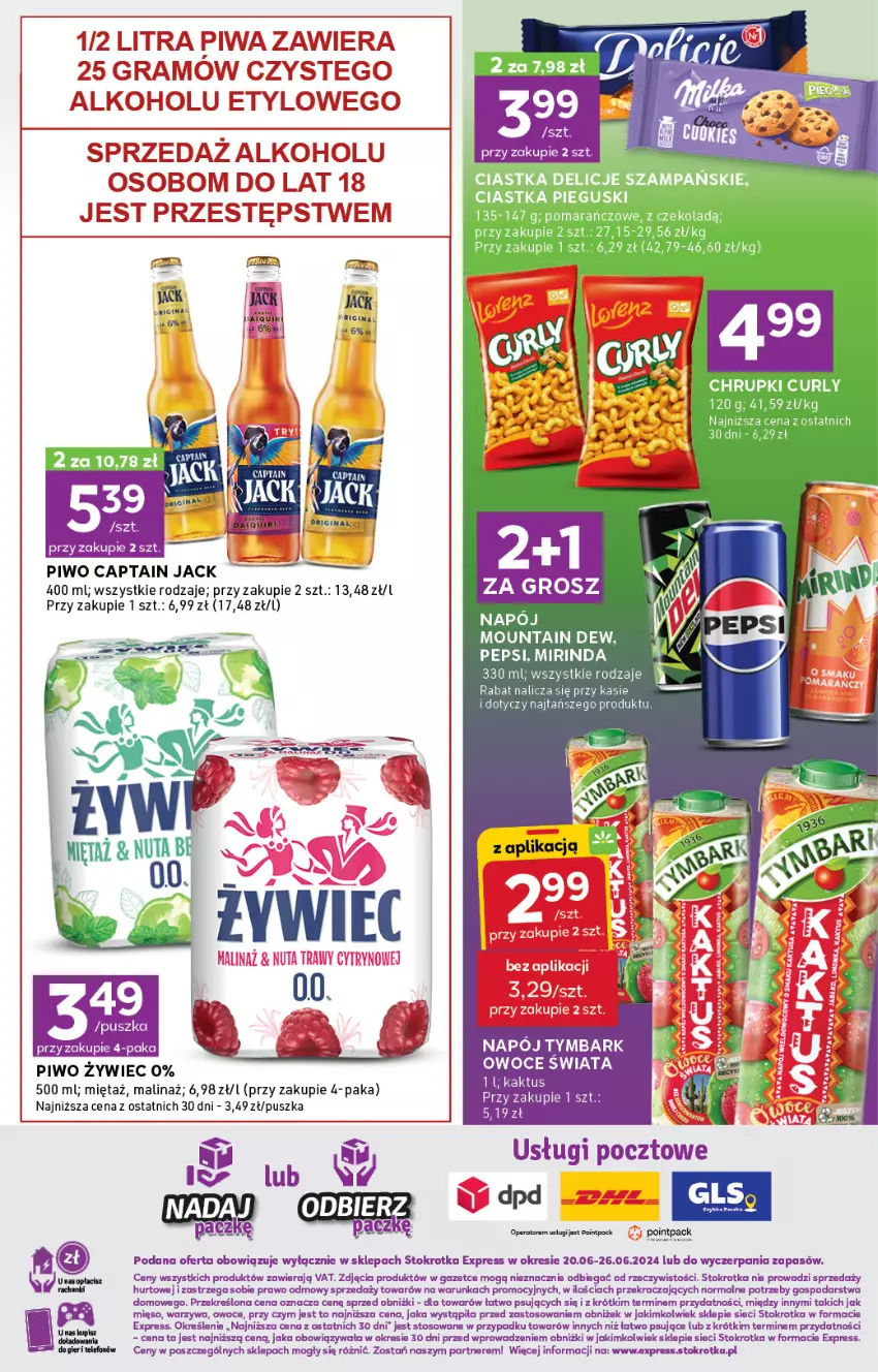 Gazetka promocyjna Stokrotka - Stokrotka Express - ważna 20.06 do 26.06.2024 - strona 3 - produkty: Captain Jack, Chrupki, Ciastka, Delicje, Fa, Gin, Kaktus, LANA, Mięta, Mirinda, Napój, Owoce, Pepsi, Piwo, Tymbark, Warzywa