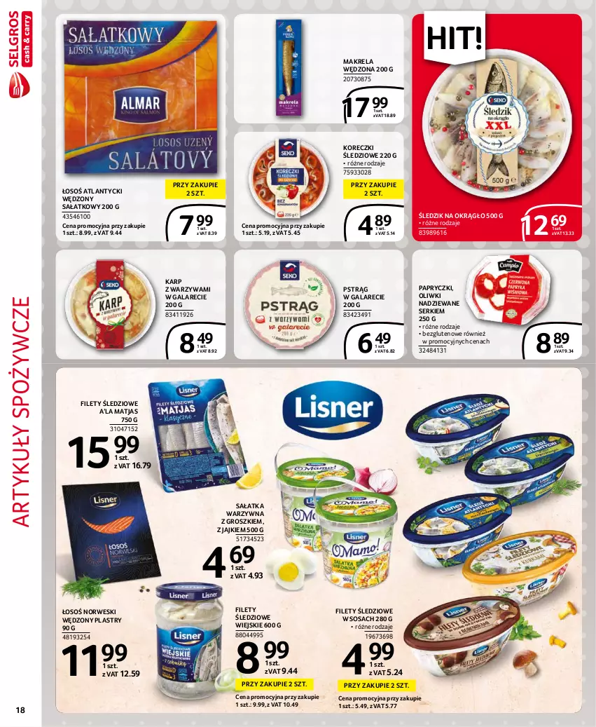 Gazetka promocyjna Selgros - Extra Oferta - ważna 01.11 do 30.11.2021 - strona 18 - produkty: Artykuły spożywcze, Gala, Karp, Koreczki śledziowe, Matjas, Oliwki, Pstrąg, Sałat, Sałatka, Sałatka warzywna, Ser, Sos, Warzywa