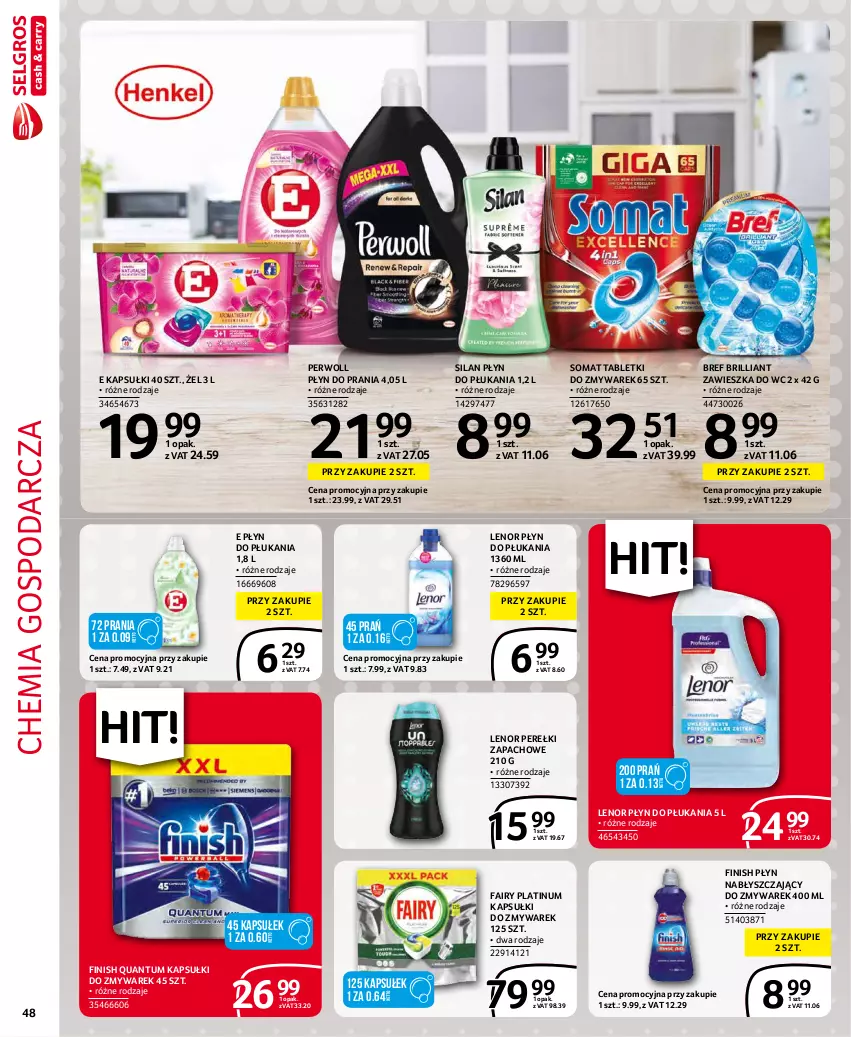 Gazetka promocyjna Selgros - Extra Oferta - ważna 01.11 do 30.11.2021 - strona 48 - produkty: Bref, Fa, Fairy, Finish, Lenor, Perełki zapachowe, Perwoll, Płyn do płukania, Płyn do prania, Płyn nabłyszczający, Silan, Somat, Tablet, Zawieszka do wc