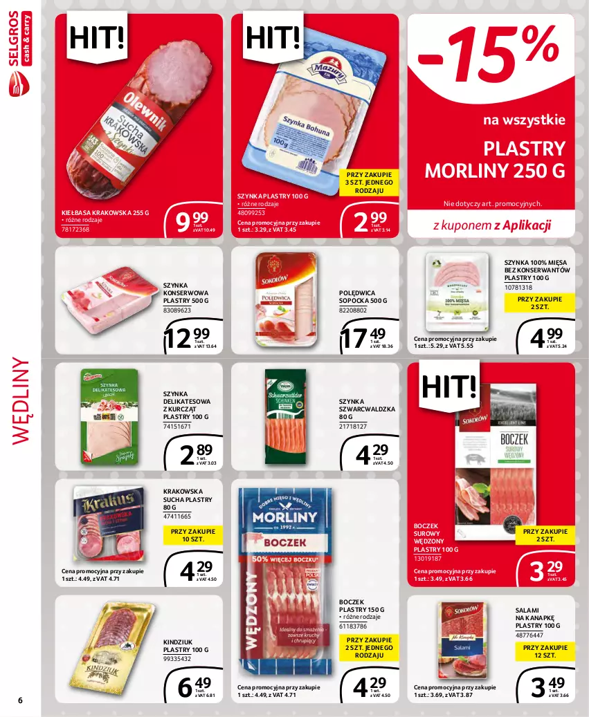 Gazetka promocyjna Selgros - Extra Oferta - ważna 01.11 do 30.11.2021 - strona 6 - produkty: Boczek, Kiełbasa, Kiełbasa krakowska, Kindziuk, Morliny, Polędwica, Salami, Ser, Szynka, Szynka delikatesowa, Szynka konserwowa