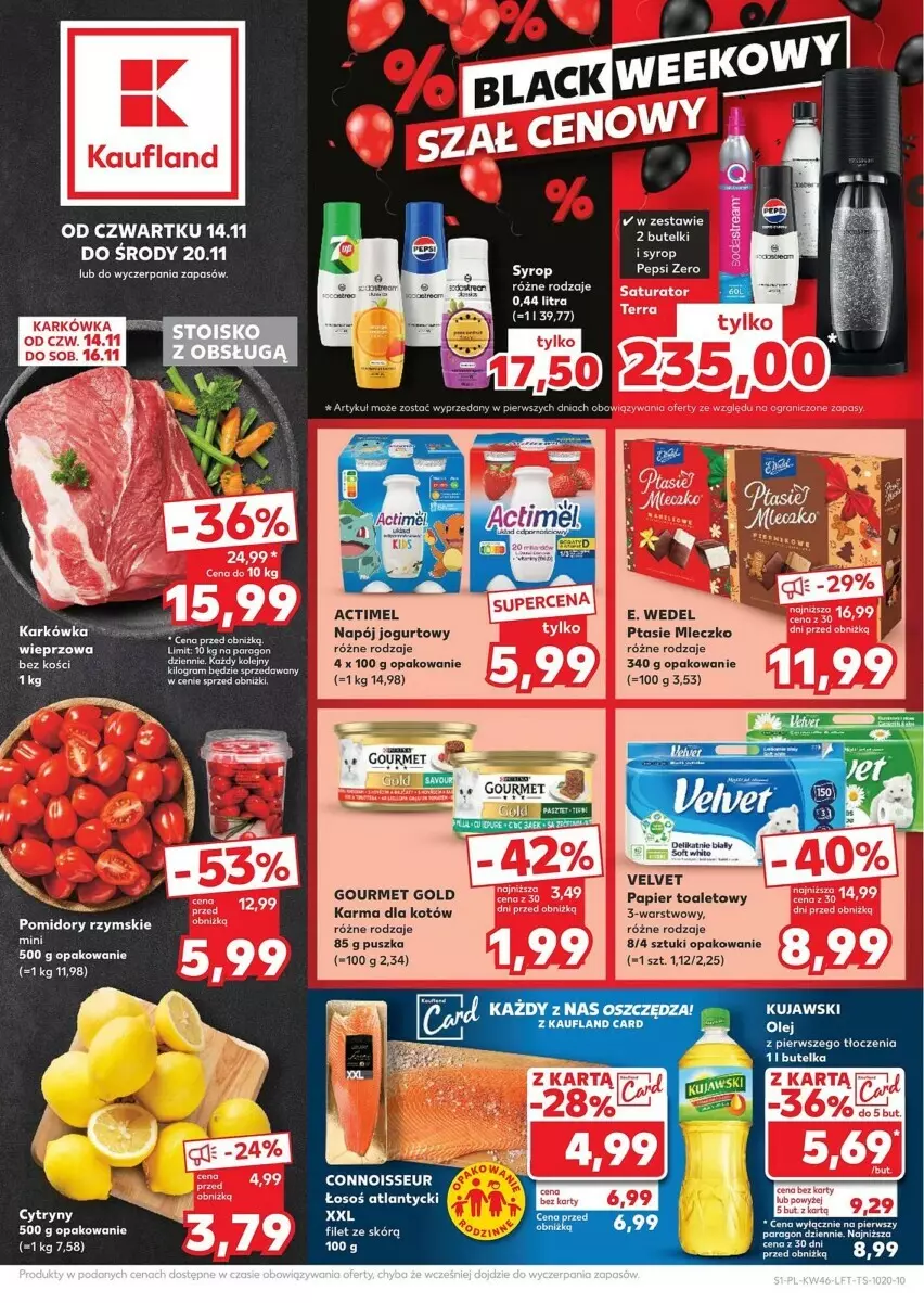 Gazetka promocyjna Kaufland - ważna 14.11 do 20.11.2024 - strona 1 - produkty: Actimel, E. Wedel, Gourmet Gold, Kujawski, Miecz, Napój, Papier, Papier toaletowy, Pomidory, Syrop, Velvet