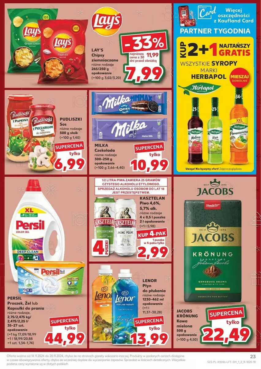 Gazetka promocyjna Kaufland - ważna 14.11 do 20.11.2024 - strona 16 - produkty: Chipsy, Czekolada, Herbapol, Jacobs, Kapsułki do prania, Kasztelan, Kawa, Lenor, Persil, Piwo, Płyn do płukania, Syrop, Syropy