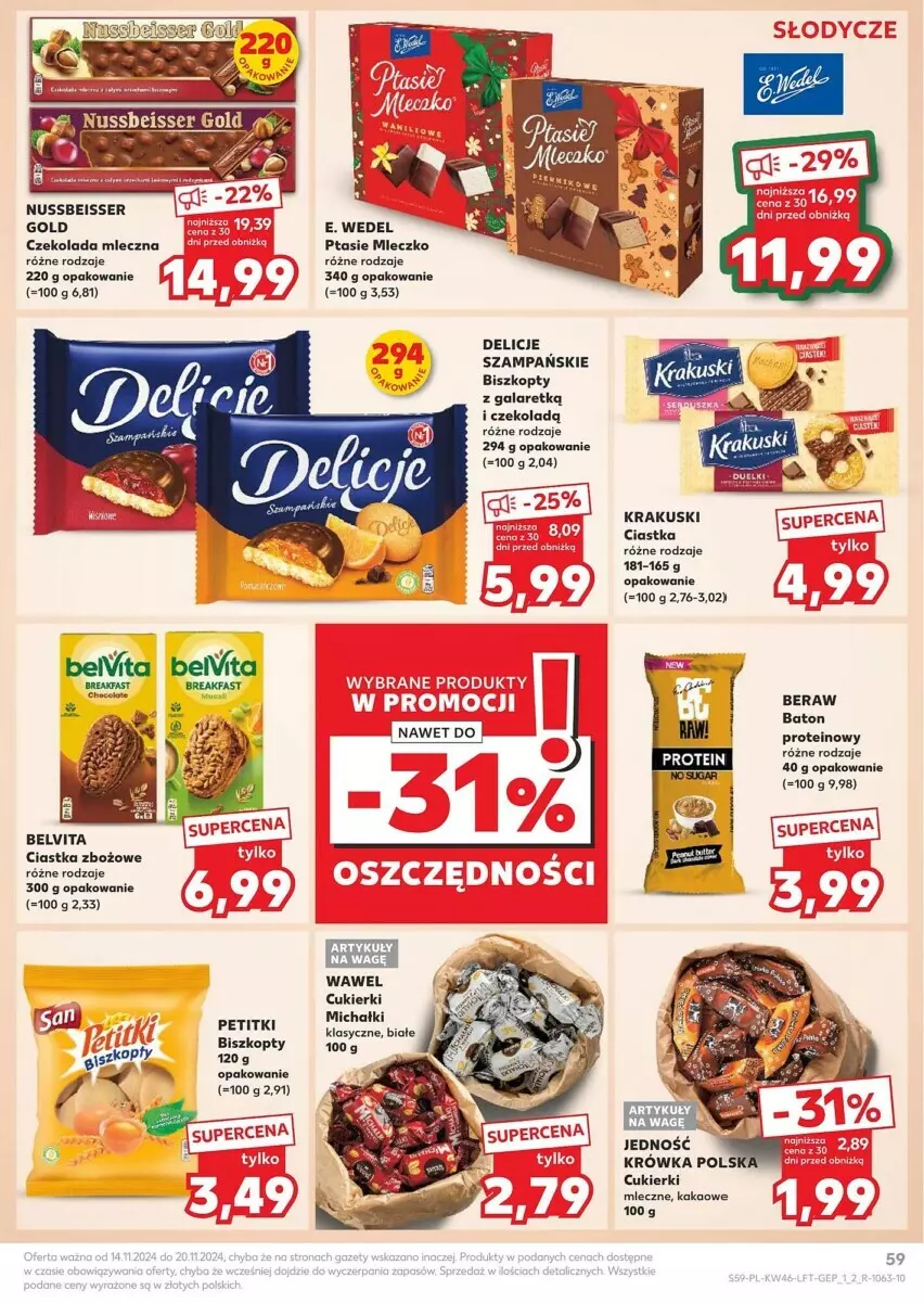 Gazetka promocyjna Kaufland - ważna 14.11 do 20.11.2024 - strona 55 - produkty: Baton, BelVita, Biszkopty, Ciastka, Cukier, Cukierki, Czekolada, Czekolada mleczna, Delicje, E. Wedel, Fa, Gala, Krakus, Krakuski, Michałki, Mleczko, Por, Ptasie mleczko, Ser, Wawel