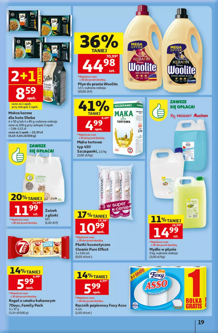 Gazetka promocyjna Auchan - 30 Lat Hipermarket - ważna 14.05 do 20.05.2026 - strona 19 - produkty: Cleanic, Fa, Foxy, Kakao, Mąka, Mąka tortowa, Mokra karma, Mydło, Mydło w płynie, Papier, Płatki kosmetyczne, Płyn do prania, Pur, Ręcznik, Rogal, Sheba, Woolite