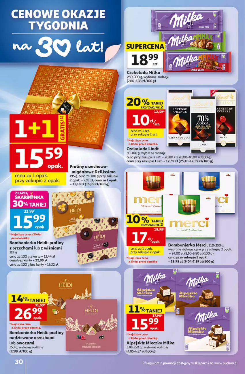 Gazetka promocyjna Auchan - 30 Lat Hipermarket - ważna 14.05 do 20.05.2026 - strona 30 - produkty: Czekolada, Dell, Lindt, Merci, Milka, Mleczko, Praliny