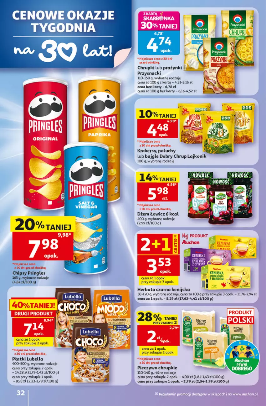 Gazetka promocyjna Auchan - 30 Lat Hipermarket - ważna 14.05 do 20.05.2026 - strona 32 - produkty: Bajgle, Bell, Bella, Chipsy, Chrupki, Dżem, Herbata, Herbata czarna, Krakersy, Lajkonik, Lubella, Piec, Pieczywo, Pieczywo chrupkie, Pringles, Przysnacki