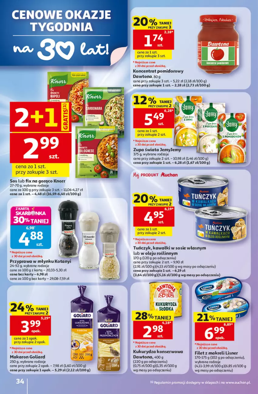 Gazetka promocyjna Auchan - 30 Lat Hipermarket - ważna 14.05 do 20.05.2026 - strona 34 - produkty: Dawtona, Filet z makreli, Goliard, Kawa, Knorr, Koncentrat pomidorowy, Kukurydza, Kukurydza konserwowa, Lisner, Makaron, Olej, Ser, Sos, Tuńczyk, Zupa
