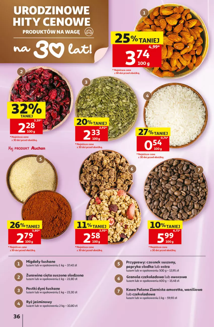 Gazetka promocyjna Auchan - 30 Lat Hipermarket - ważna 14.05 do 20.05.2026 - strona 36 - produkty: Czosnek, Gra, Granola, Kawa, Migdały, Migdały łuskane, Papryka, Papryka słodka, Pestki dyni, Przyprawy, Ryż
