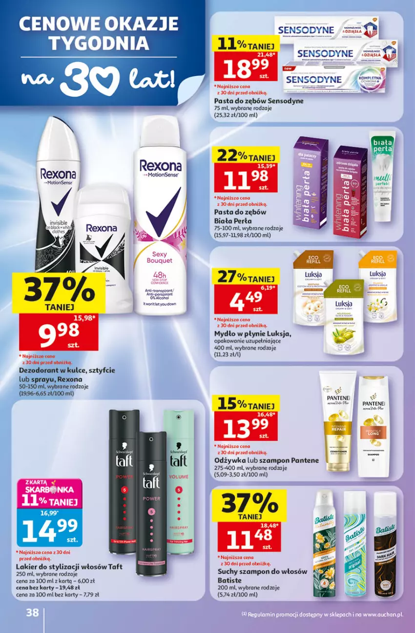 Gazetka promocyjna Auchan - 30 Lat Hipermarket - ważna 14.05 do 20.05.2026 - strona 38 - produkty: Batiste, Dezodorant, Lakier, Luksja, Mydło, Mydło w płynie, Odżywka, Pantene, Pasta do zębów, Perła, Por, Rexona, Sensodyne, Suchy szampon, Szampon, Taft, Tran