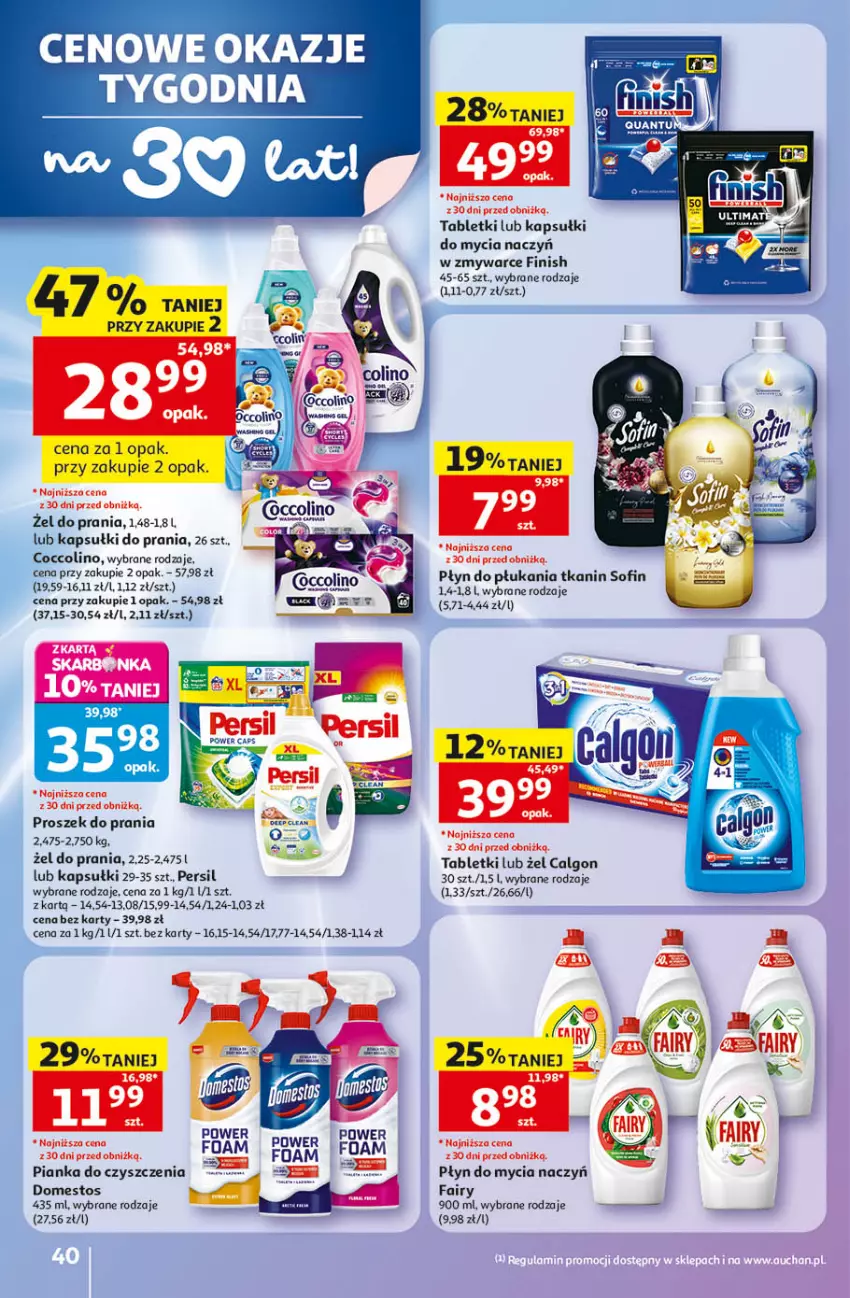 Gazetka promocyjna Auchan - 30 Lat Hipermarket - ważna 14.05 do 20.05.2026 - strona 40 - produkty: Calgon, Coccolino, Do mycia naczyń, Domestos, Fa, Fairy, Finish, Kapsułki do mycia naczyń, Kapsułki do prania, LG, Persil, Pianka do czyszczenia, Płyn do mycia, Płyn do mycia naczyń, Płyn do płukania, Proszek do prania, Tablet