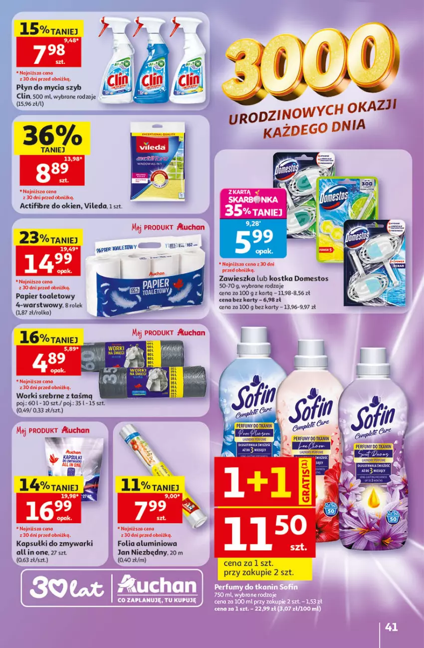 Gazetka promocyjna Auchan - 30 Lat Hipermarket - ważna 14.05 do 20.05.2026 - strona 41 - produkty: Clin, Domestos, Folia aluminiowa, Jan Niezbędny, Papier, Papier toaletowy, Płyn do mycia, Vileda, Zmywarki