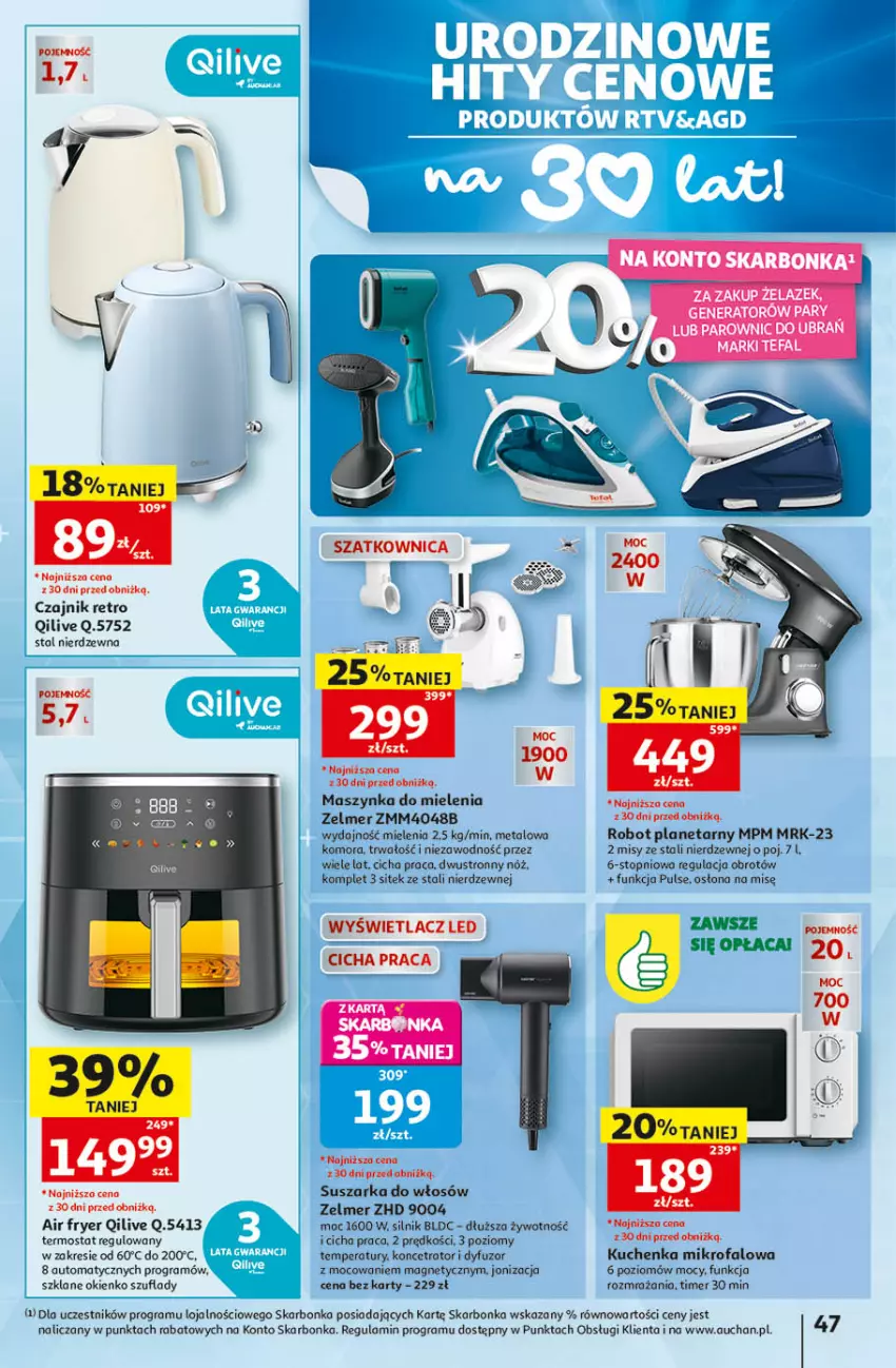 Gazetka promocyjna Auchan - 30 Lat Hipermarket - ważna 14.05 do 20.05.2026 - strona 47 - produkty: Czajnik, Fa, Gra, Kuchenka mikrofalowa, Maszynka, Maszynka do mielenia, Robot, Robot planetarny, Suszarka, Szynka, Termos, Top, Zelmer