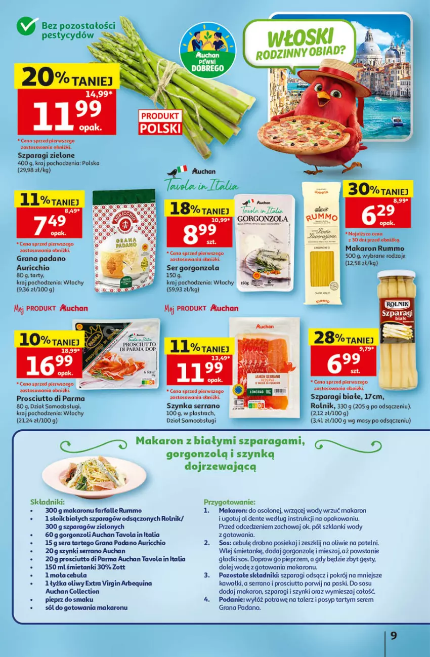 Gazetka promocyjna Auchan - 30 Lat Hipermarket - ważna 14.05 do 20.05.2026 - strona 9 - produkty: Cebula, Fa, Gin, Gorgonzola, Gra, Kawa, Lanki, Makaron, Olej, Pieprz, Por, Prosciutto, Rolnik, Rum, Ser, Sól, Sos, Szynka, Talerz, Zott