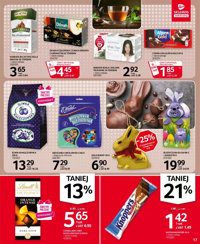 Gazetka promocyjna Selgros - Oferta spożywcza - ważna 25.02 do 10.03.2021 - strona 17 - produkty: Baton, Czekolada, Dilmah, Herbata, Knoppers, Lindt, Mieszanka wedlowska, Milka, Teekanne