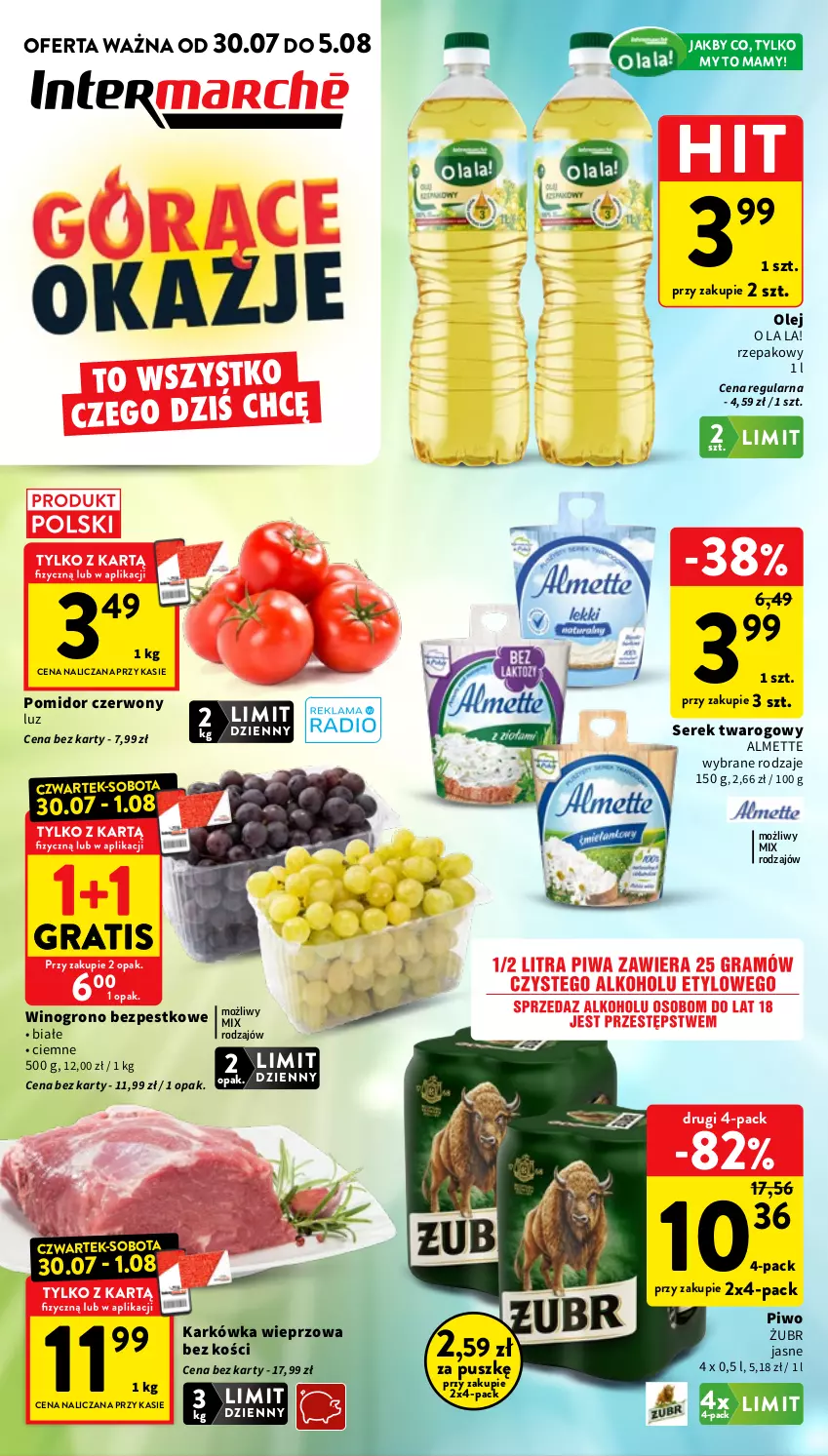 Gazetka promocyjna Intermarche - Gazetka promocyjna - ważna 30.07 do 05.08.2026 - strona 1 - produkty: Almette, Gra, Karkówka wieprzowa, Olej, Piwo, Ser, Serek, Serek twarogowy, Wino