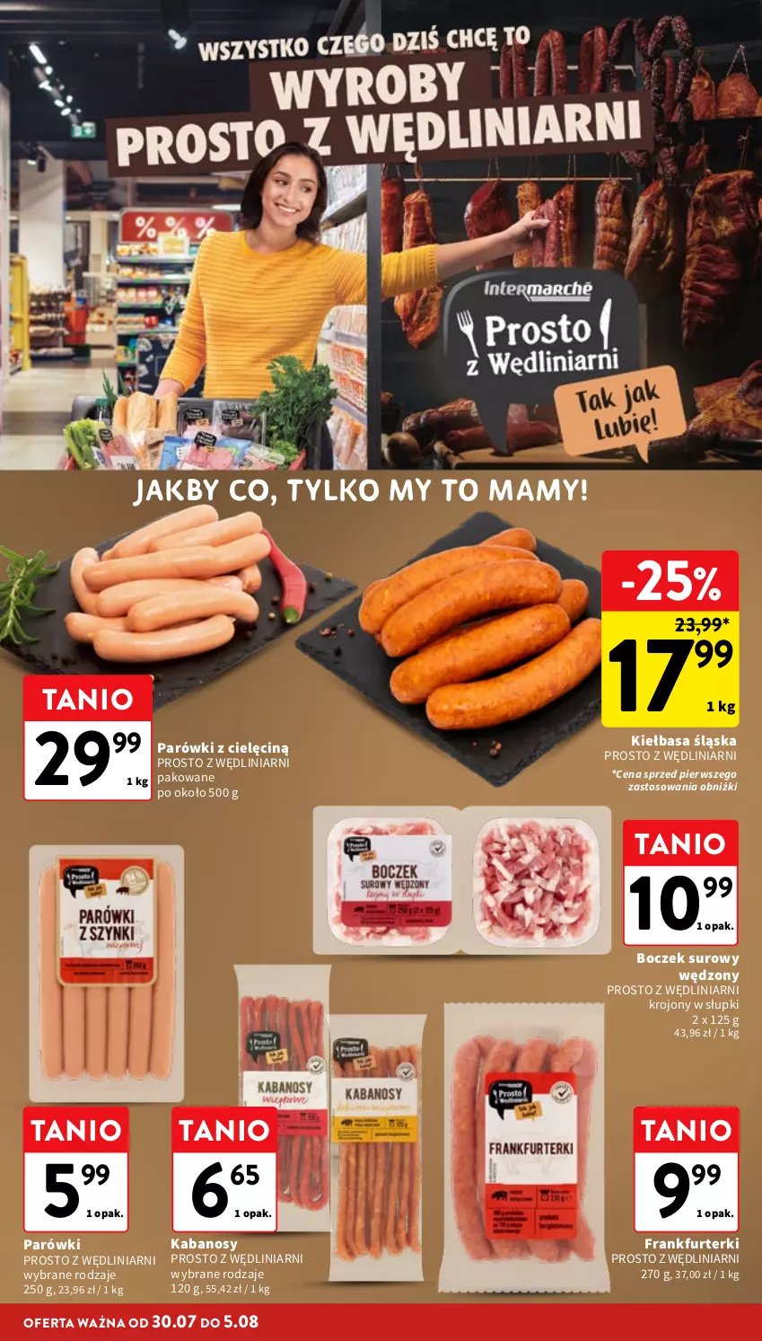 Gazetka promocyjna Intermarche - Gazetka promocyjna - ważna 30.07 do 05.08.2026 - strona 16 - produkty: Boczek, Frankfurterki, Kabanos, Kiełbasa, Kiełbasa śląska, Parówki