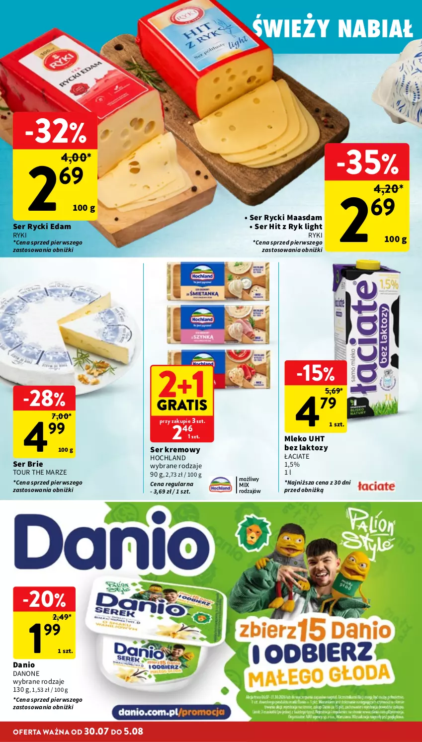 Gazetka promocyjna Intermarche - Gazetka promocyjna - ważna 30.07 do 05.08.2026 - strona 20 - produkty: Brie, Danio, Danone, Edam, Gra, Hochland, Maasdam, Mleko, Rycki Edam, Ser