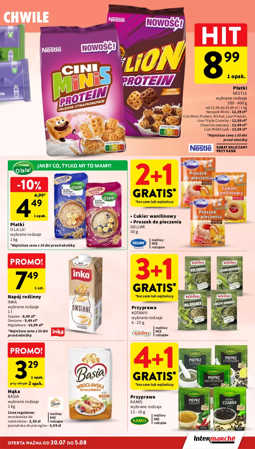 Gazetka promocyjna Intermarche - Gazetka promocyjna - ważna 30.07 do 05.08.2026 - strona 27 - produkty: Basia, Cheerios, Cini Minis, Cukier, Cukier wanilinowy, Gra, Inka, Kamis, Kit Kat, Lion, Mąka, Napój, Napój roślinny, Nesquik, Piec, Proszek do pieczenia