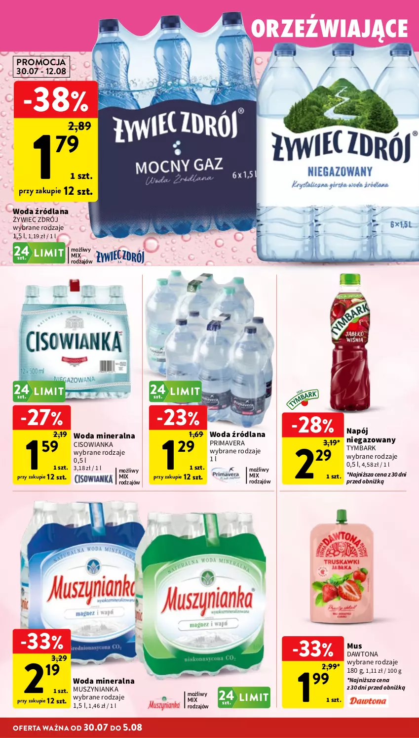Gazetka promocyjna Intermarche - Gazetka promocyjna - ważna 30.07 do 05.08.2026 - strona 34 - produkty: Cisowianka, Dawtona, LANA, Mus, Muszynianka, Napój, Prima, Primavera, Tymbark, Woda, Woda mineralna