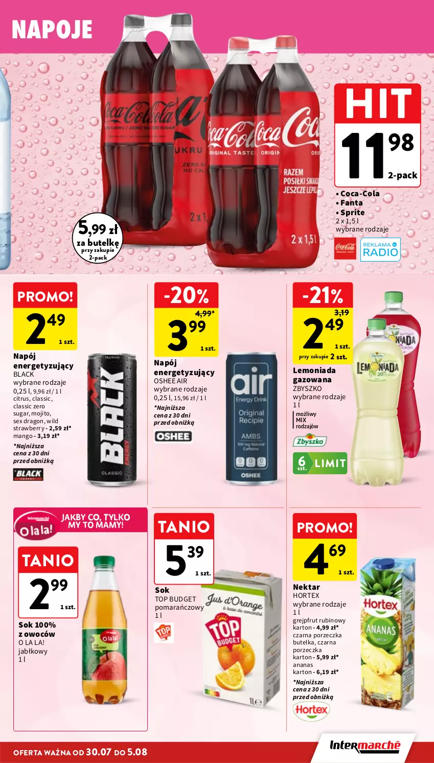Gazetka promocyjna Intermarche - Gazetka promocyjna - ważna 30.07 do 05.08.2026 - strona 35 - produkty: Ananas, Coca-Cola, Fa, Fanta, Grejpfrut, Hortex, Lack, Lemoniada, Mango, Napój, Napoje, Nektar, Oshee, Por, Rubin, Sok, Sprite, Top