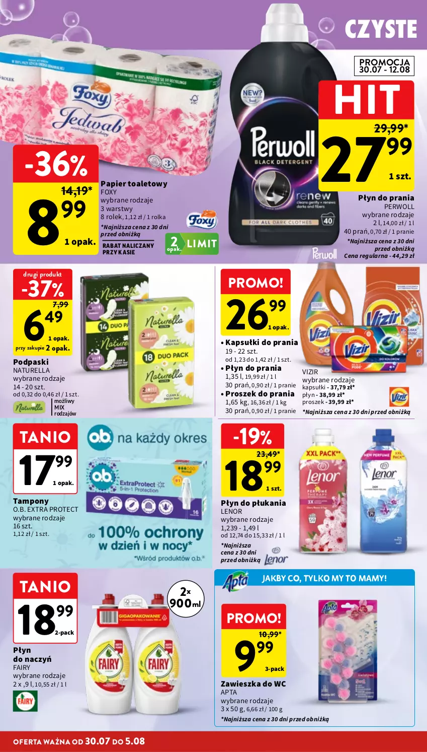 Gazetka promocyjna Intermarche - Gazetka promocyjna - ważna 30.07 do 05.08.2026 - strona 38 - produkty: Fa, Fairy, Foxy, Kapsułki do prania, Lenor, Naturell, Naturella, O.B., Papier, Papier toaletowy, Perwoll, Płyn do płukania, Płyn do prania, Podpaski, Proszek do prania, Tampony, Vizir, Zawieszka do wc